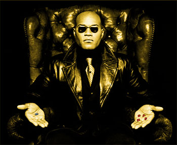 Morpheus in gold offering the Red Pill or the Blue Pill.