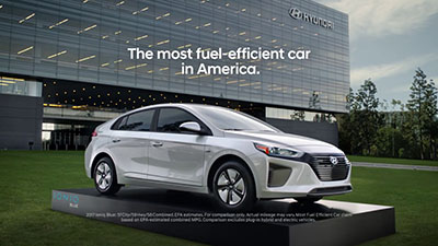 An advertisement for the Hyundai Ioniq hybrid. The most fuel efficient car in America.