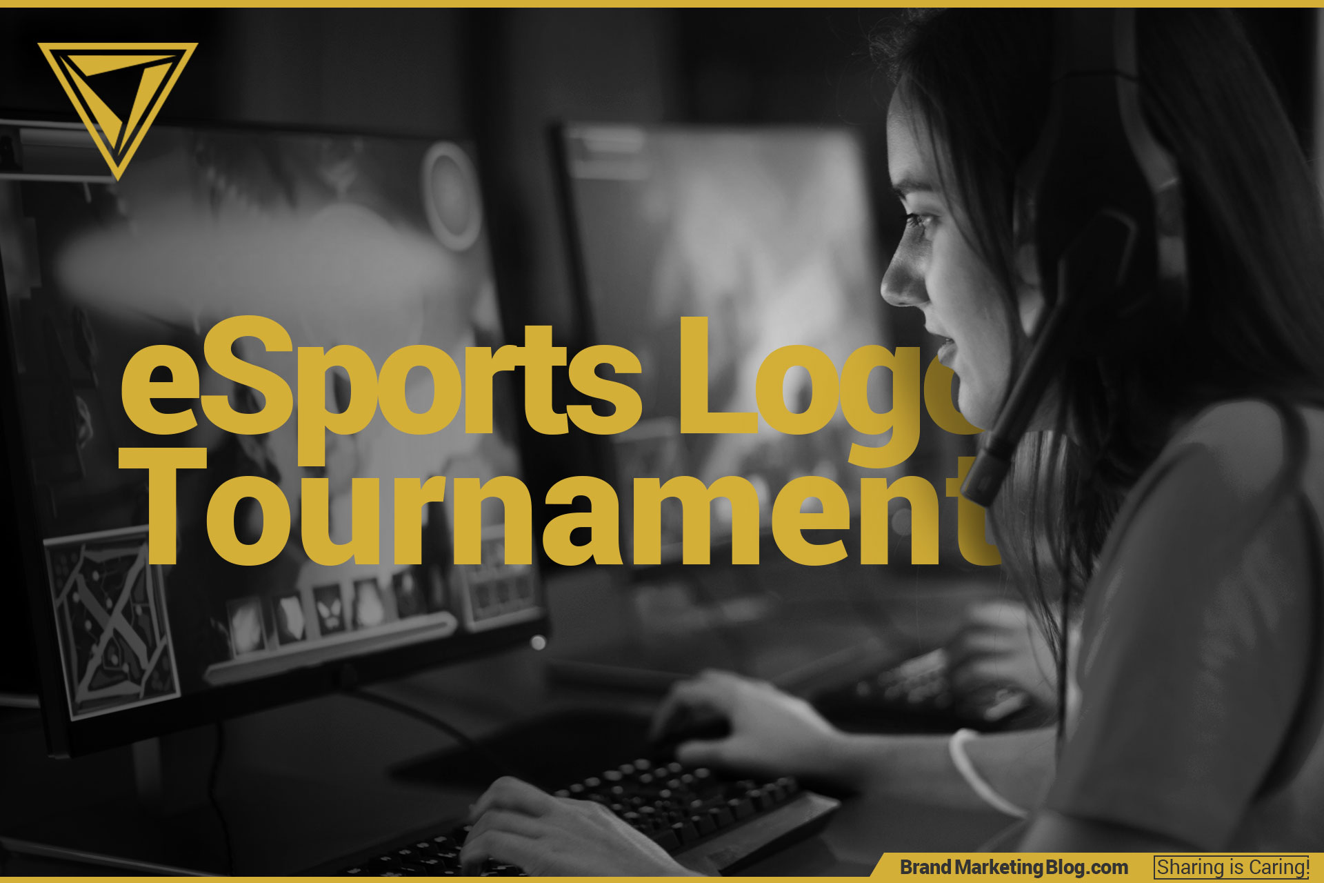 eSports Logo Tournament. Gamer girl looking at a PC screen in a League of Legends tournament
