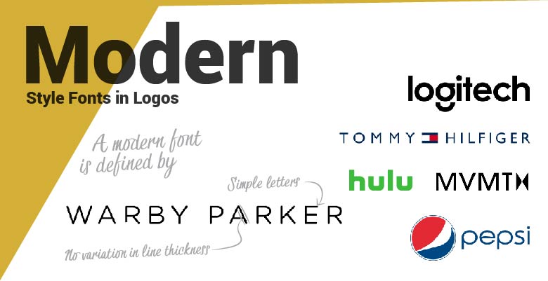 Modern type fonts in logos. Warby Parker, Logitech, Tommy Hilfiger, MVMT, Pepsi