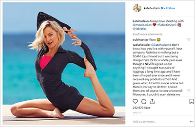 Kate Hudson posting on Instagram about Fabletics.