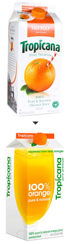 Old Tropicana package design, vs new and hated design.