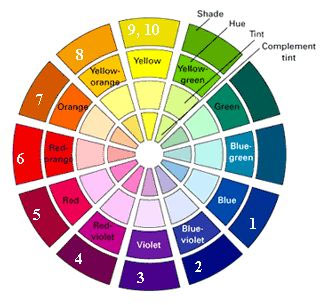 Color wheel with hues, tints and shades.