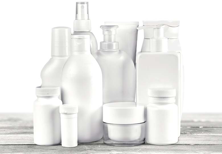 A variety of white label cosmetics bottles.