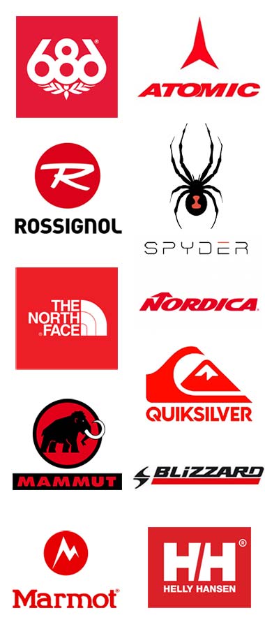 Logos of ski snowboard brands with red. 686, Rossignol, Northface, Mammut, Blizzard, Helly Hanson, Marmot, Nordica, Atomic, Spyder, and Quiksilver