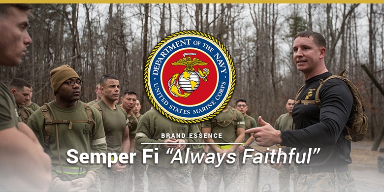US Marine Corps brand essence is semper fi. Marine coprs unit training with a captain.