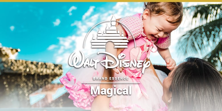 Walt Disney's brand essence is magical. Little girl happy in a princess dress.