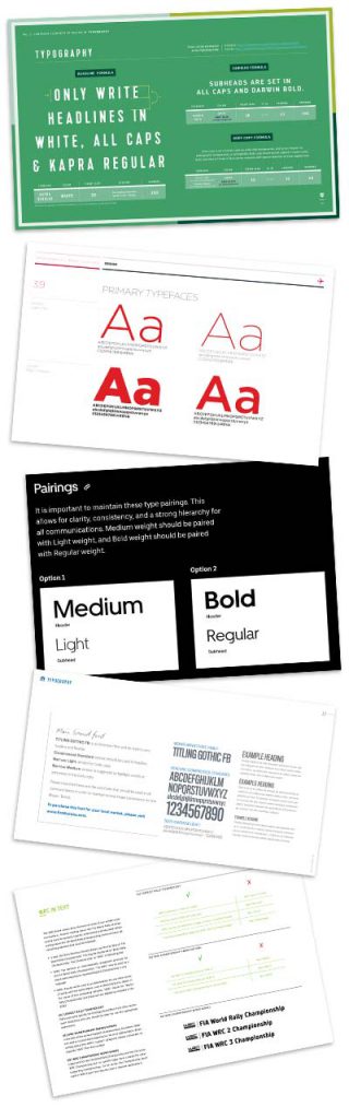 Examples of typography pages in brand guidelines.