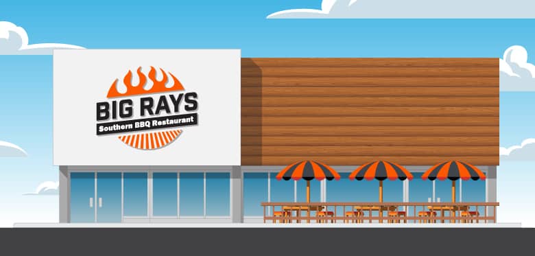 Exterior business sign for Bid Rays Southern BBQ Restaurant.