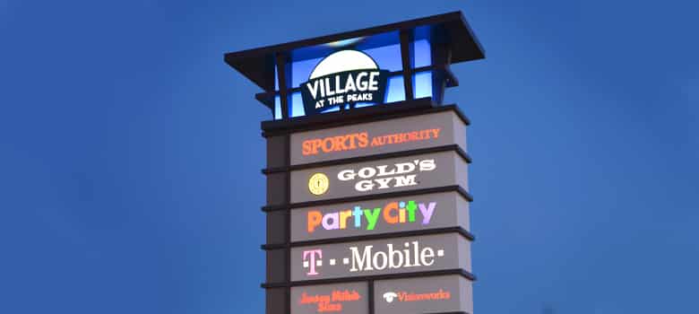 Pylon Sign. Village. Sports Authority. Gold's Gym. Party City. T-Mobile.