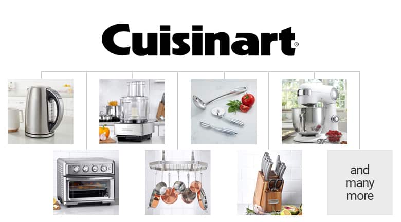 Cuisinart umbrella brand. Kettle, toaster oven, stand mixer, knives, cookware, blender, and many more.