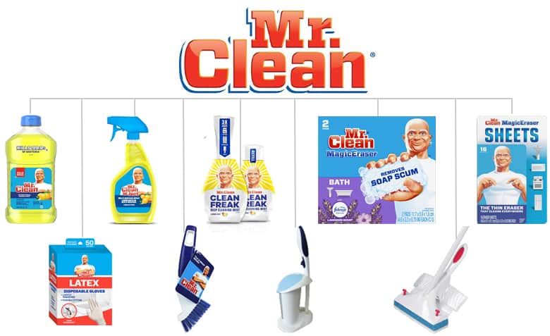 Mr. Clean umbrella brand. Cleaning fluid, spray bottle. Mr. Clean Clean Freak, Mr. Clean Magic Eraser lavender, Mr. Clean Sheets, Mr. Clean bloves, 2-in-2 brush, toilet scrubber, and mop.