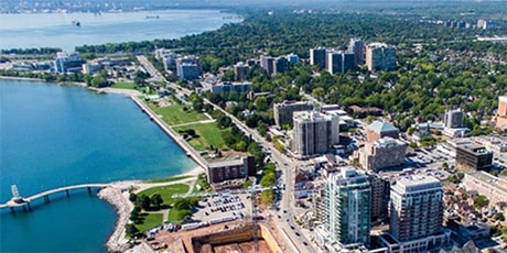An aerial photo of the downtown core of Burlington, Ontario, Canada