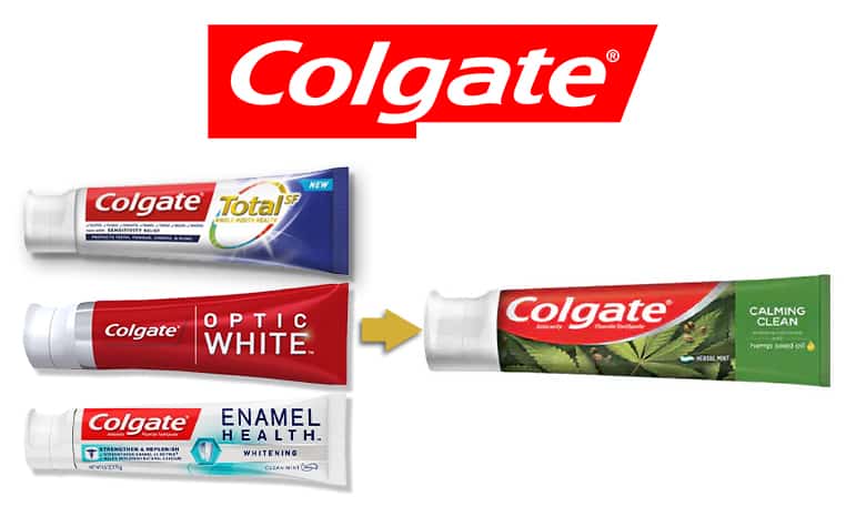 Colgate logo. Colgate Total tube, Colgate Optic white tube, Cogate Enamel Health tube and Colgate Calming Clean with Hemp Oil tube