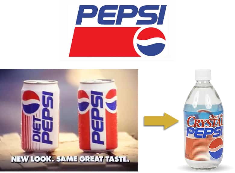 90s Pepsi logo. Diet Pepsi and Pepsi cans from the 90s. Crystal Pepsi bottle.