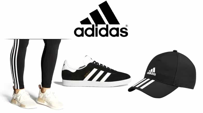 Adidas logo and products with the Adidas triple stripes, leggings, sneakers, baseball cap.