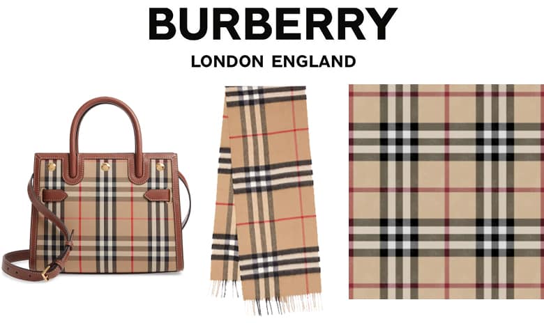 Burberry London England and products with the Burberry pattern, bag and scarf. Swatch of the Burberry pattern.