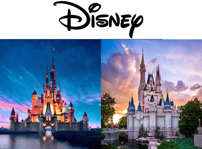 Disney Logo. Disney castle from the opening to movies, and the Cinderella castle at Disneyland