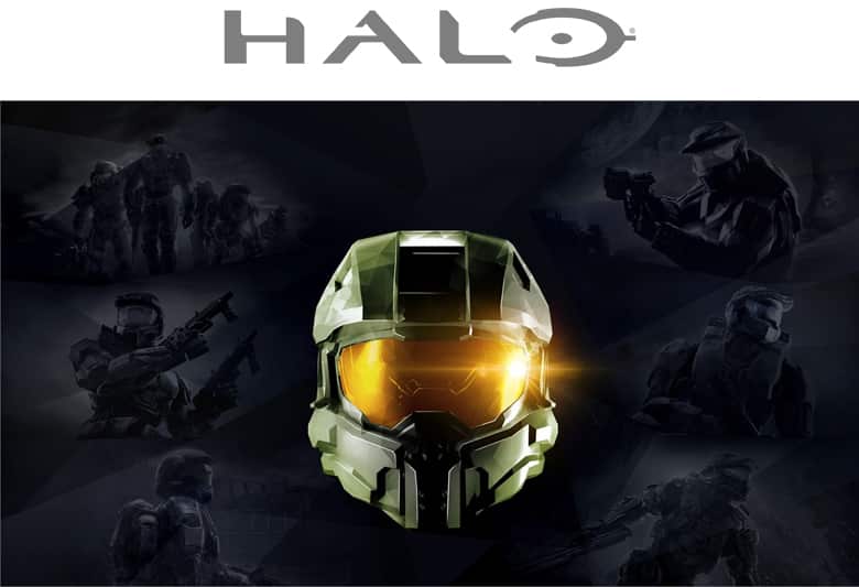 Halo logo. Master chief in his Spartan helmet in green.