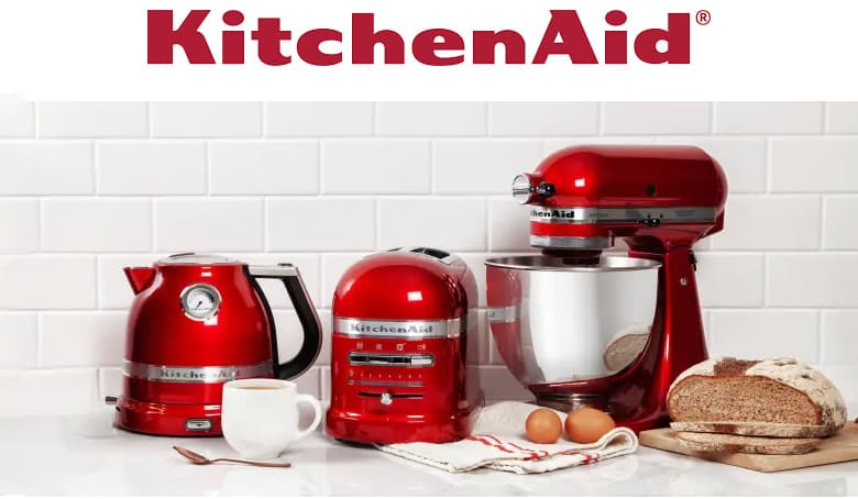 Kitchenaid logo. Kitchenaid red kettle, toaster and stand mixer.