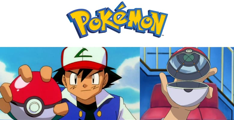 Pokemon logo. Ash holding a Pokeball and Ash holding a Pokeball which is open.