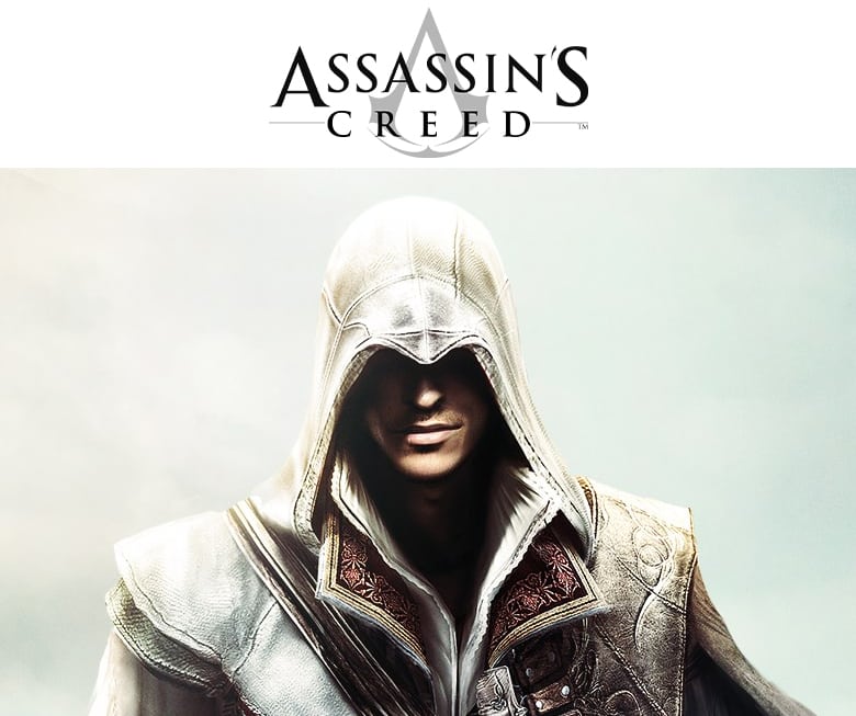 Assassin's Creed logo. Ezio with the signature Assassin's Creed hood.