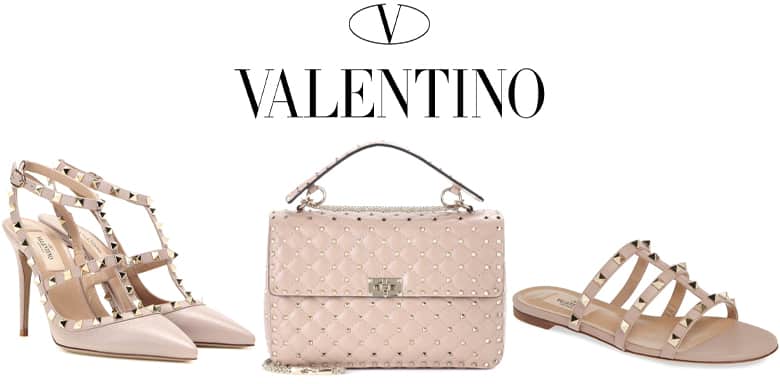 Valentino logo. Pink Valentino studded products, heels, bag, and flats.
