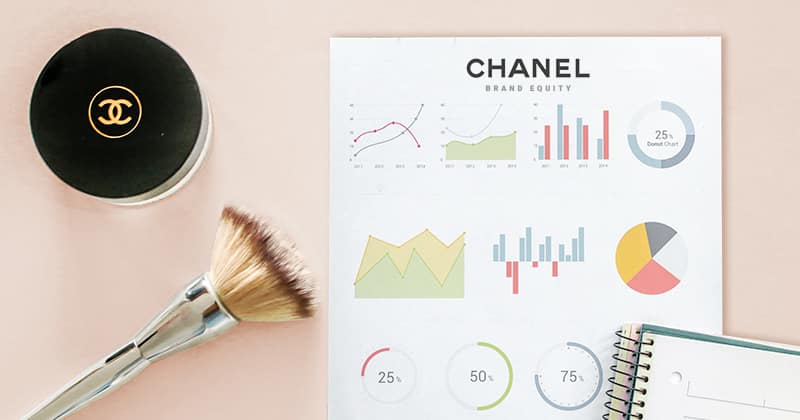 Chanel make up, Chanel make up brush, charts of brand equity for Chanel, and a notebook.