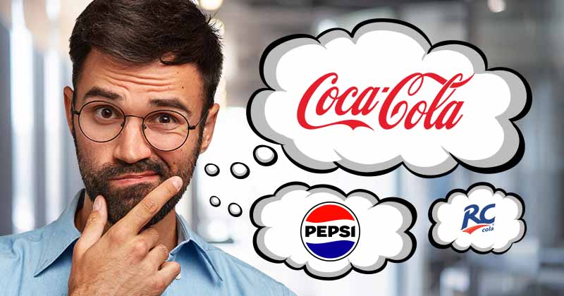 Man holding his chin thinking. Tought bubbles coming out of his head. Coca-Cola, Pepsi and RC Cola logos in the thought bubble.