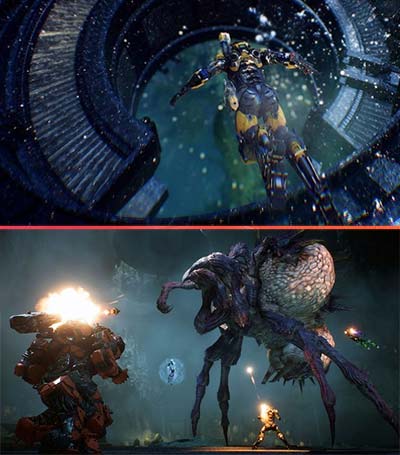 An Anthem player in a Javelin suit going down a level, and a team of players taking down an insectoid alien
