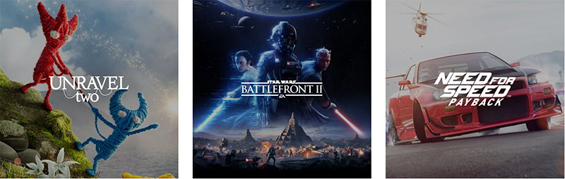The title treatments of Unravel Two, Star Wars Battlefront II, and Need for Speed Payback.
