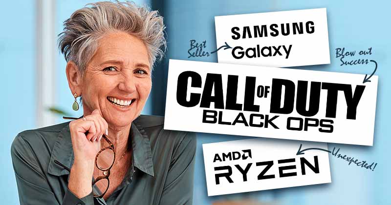 Elder CEO woman with her glasses in hand smiling at the camera. Examples of sub-brands. Samsung Galaxy, Call of Duty: Black Ops, and AMD Ryzen.