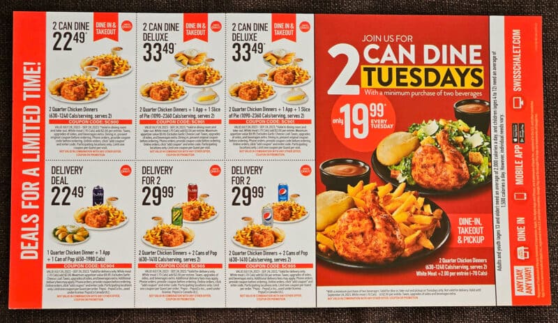 A piece of direct mail from Swiss Chalet in Canada with coupon codes and a meal bundle.